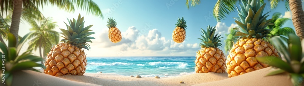 Happy 3D Character Juggling Pineapples in Tropical Beach Scene with Copyspace, Playful and Fun Summer Concept Happy 3D Character Juggling Pineapples in Tropical Beach Scene with Copyspace, Playful and Fun Summer Concept