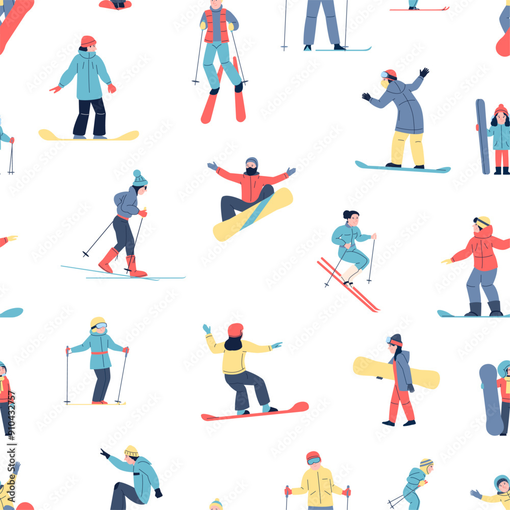 Winter sport activities characters. Seamless pattern with skiing and snowboarding people, children and adults. Flat seasonal sports, vector background Winter sport activities characters. Seamless pattern with skiing and snowboarding people, children and adults. Flat seasonal sports, vector background