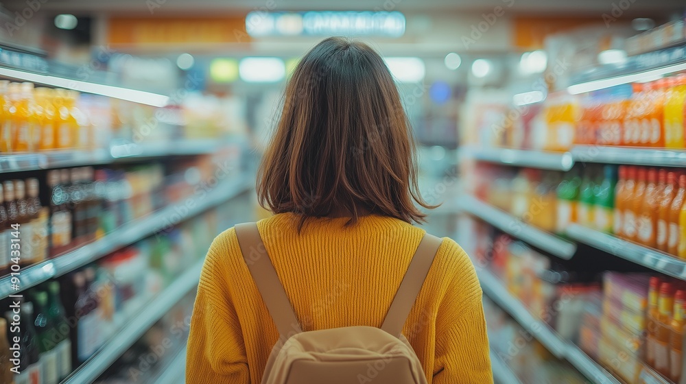 © Anastasiya - Woman in a yellow sweater with a backpack browsing grocery store aisle © Anastasiya - Woman in a yellow sweater with a backpack browsing grocery store aisle