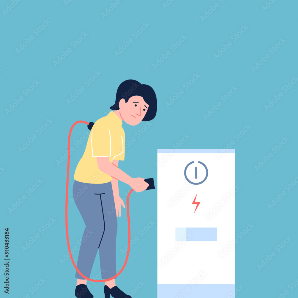 Recharge woman. Female businesswoman connects itself to charger to restore vitality and energy. Person power bank before or after work, recent vector scene Recharge woman. Female businesswoman connects itself to charger to restore vitality and energy. Person power bank before or after work, recent vector scene