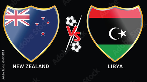 New Zealand vs Libya soccer football match with black background and versus flags