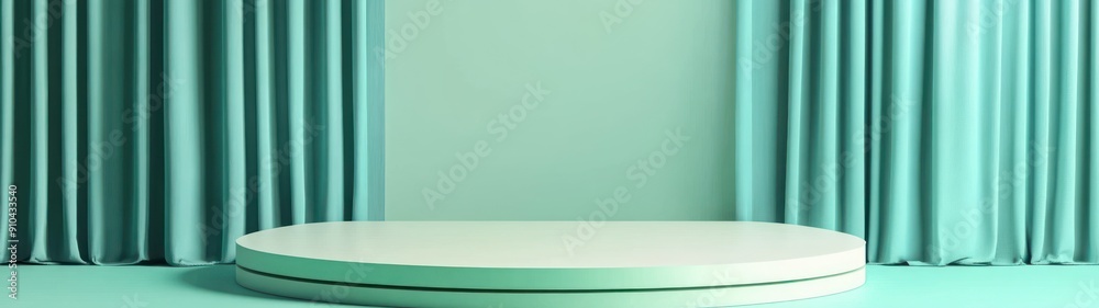 A Circular Platform in Front of Teal Curtains A Circular Platform in Front of Teal Curtains