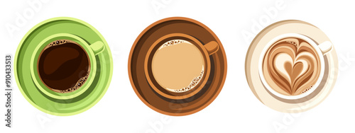 Cups of coffee isolated on a white background. Top view colorful coffee cups. Set of vector illustrations