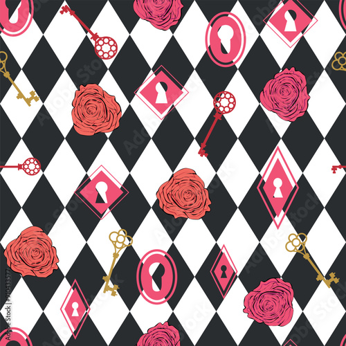 Wonderland seamless pattern. Roses, keyhole, key, Cheshire cat