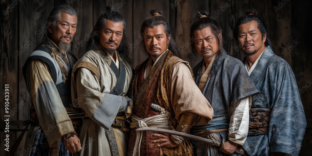 group of five samurai warriors standing together in traditional Japanese attire, exuding strength and unity. historical Japanese culture and the concept of honor, bravery, brotherhood among samurai