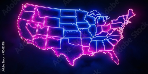 Neon lighted USA Map line art glowing on black background, illustration of the US bipartisanship concept, red and blue, cooperation, president election. photo