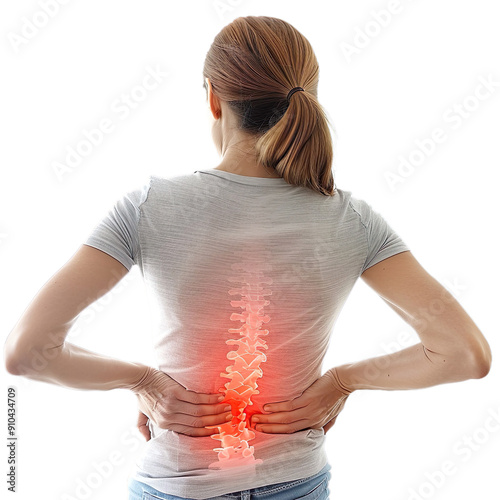 Woman experiencing severe back pain on a white background.