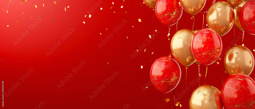 Red and Gold Balloons with Confetti on Red Background, Festive Celebration Party Decoration