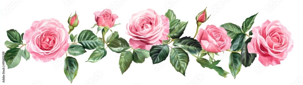 Watercolor Painting of Pink Roses and Green Leaves Watercolor Painting of Pink Roses and Green Leaves