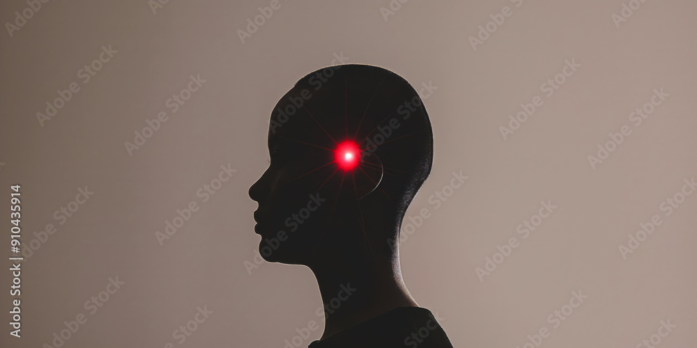 Silhouette of a head with a small, glowing red dot at the temple, indicating localized pain, minimalistic. Plain background with copy space. Silhouette of a head with a small, glowing red dot at the temple, indicating localized pain, minimalistic. Plain background with copy space.