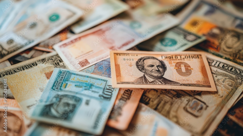 Spread of various international banknotes on a table Spread of various international banknotes on a table