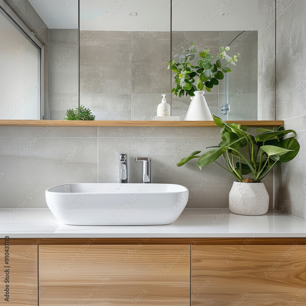 Fototapeta premium Contemporary bathroom with ceramic sink, wooden vanity, large mirror, soft natural light, minimalistic decor, fresh and sleek style. Bathroom white sink wooden vanity