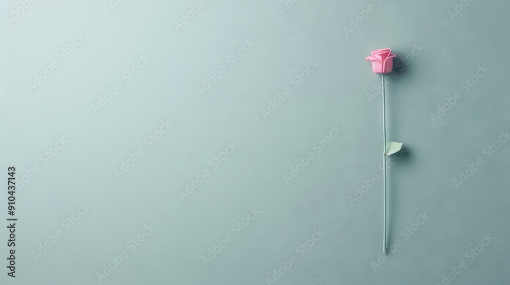 A single pink flower emerges from the wall's gray surface, alongside a solitary white stick adorned with another pink bloom A single pink flower emerges from the wall's gray surface, alongside a solitary white stick adorned with another pink bloom