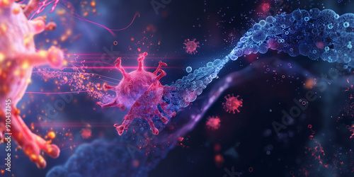 A conceptual image of a virus attacking a human cell, with detailed visualization of the virus attaching to the cell membrane, entering the cell, and releasing its genetic material.