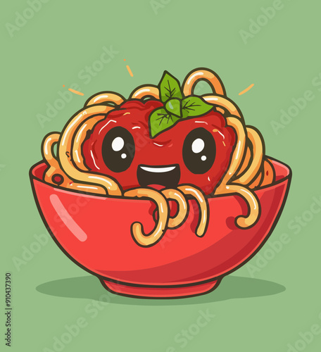 Cute Cartoon Spaghetti with Tomato Sauce Character