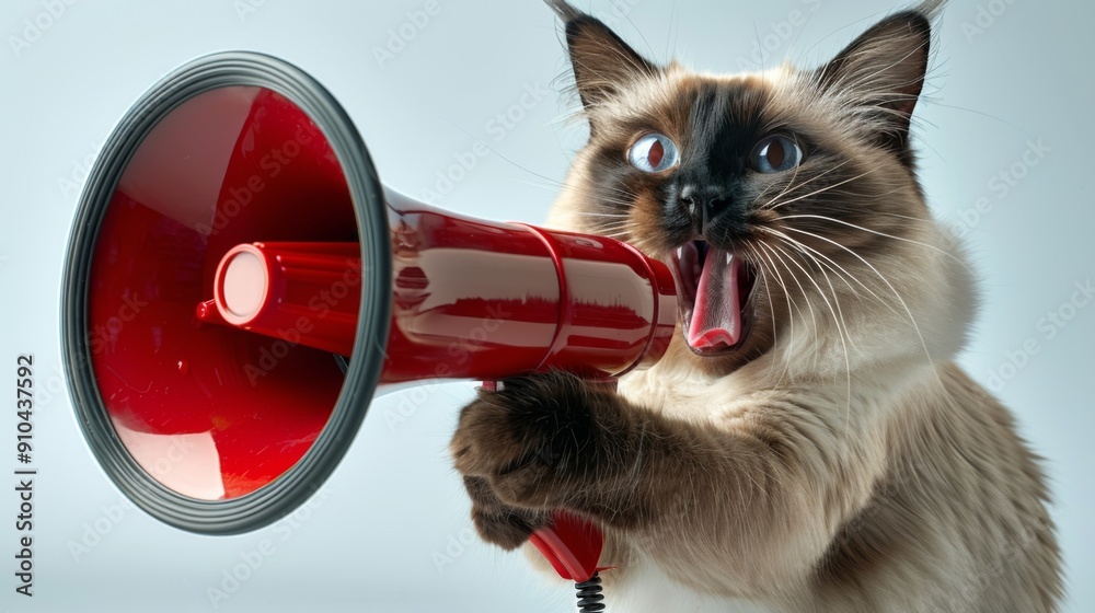 Fototapeta premium Siamese Cat Shouting Through Red Megaphone: Humorous Pet Communicating Louder.