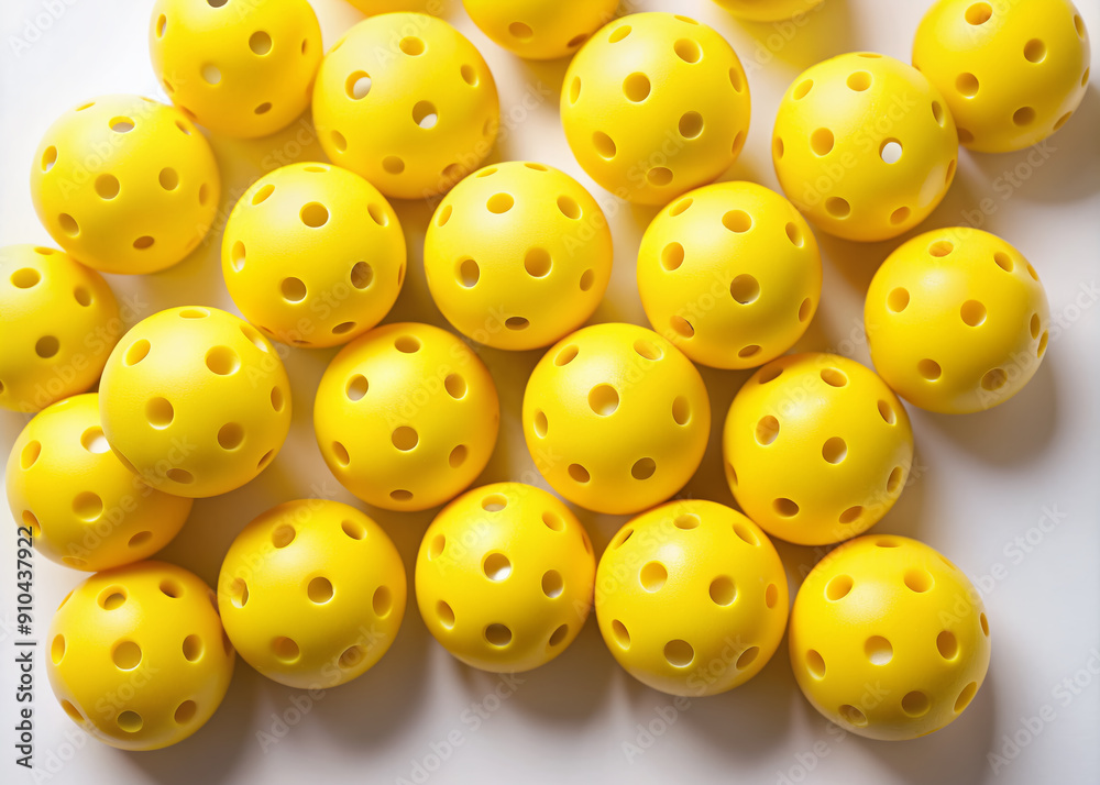 Vibrant yellow pickleballs scattered randomly over a clean white background, creating a playful and fun visual representation of the popular racquet sport accessory. Vibrant yellow pickleballs scattered randomly over a clean white background, creating a playful and fun visual representation of the popular racquet sport accessory.