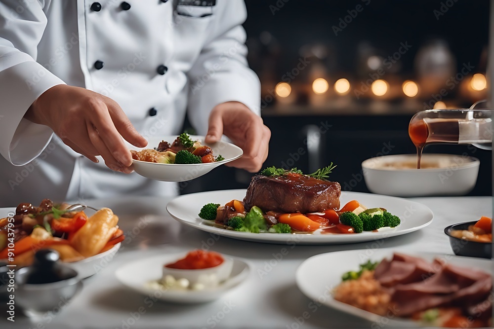 made vegetables preparing chef Chef plates two plate meat pouring sauce made vegetables preparing chef Chef plates two plate meat pouring sauce