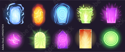 Magic portal effects. Teleport gates, fantasy tale game elements. Mystic adventures glowing doors for next steps or worlds, nowaday vector set