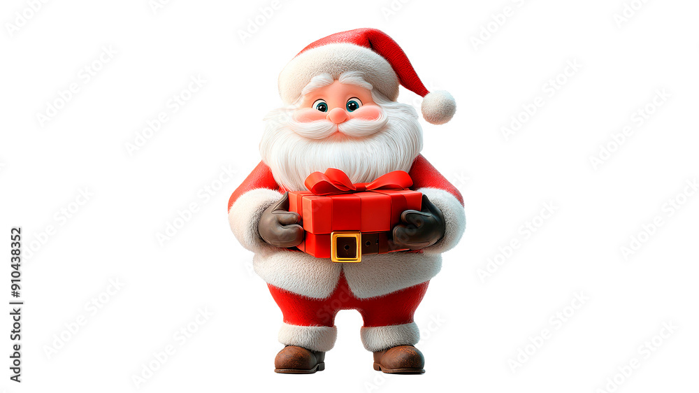 Santa Claus holding a beautifully wrapped gift with a bow, smiling warmly and wearing glasses on a transparent background. Ideal for Christmas marketing, holiday promotions, festive greeting cards Santa Claus holding a beautifully wrapped gift with a bow, smiling warmly and wearing glasses on a transparent background. Ideal for Christmas marketing, holiday promotions, festive greeting cards