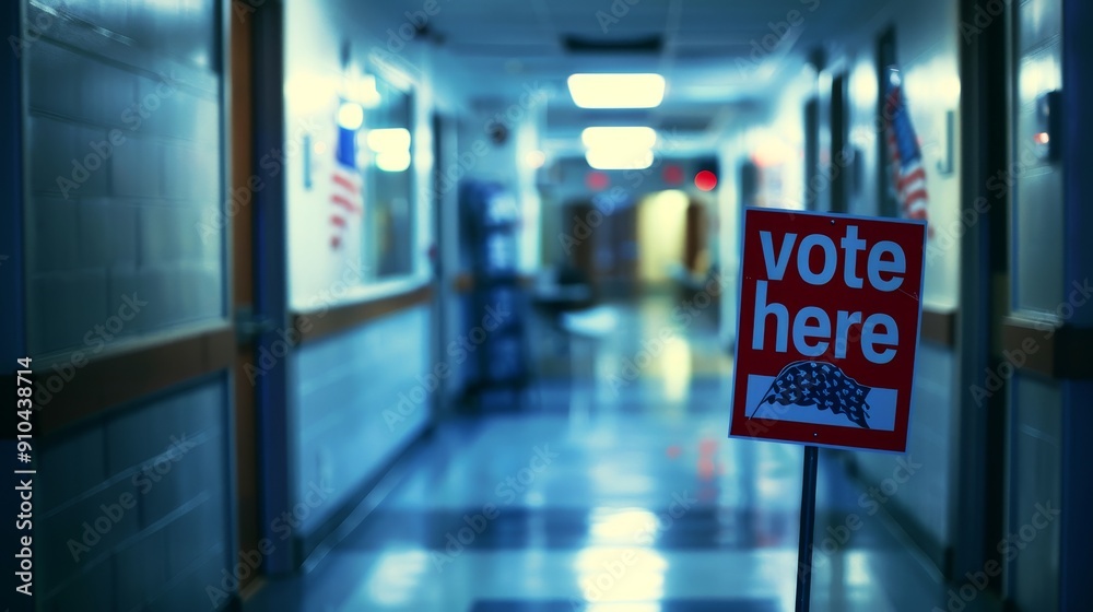 Presidential elections in the USA. A sign that says Vote Here is on a sidewalk. The sidewalk is empty and there are no people in the image Presidential elections in the USA. A sign that says Vote Here is on a sidewalk. The sidewalk is empty and there are no people in the image