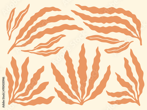 Seaweed cutouts block print. Peach orange seaweed nautical collage design elements. Seaweed silhouette illustrations.