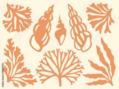 Seashells and seaweed cutouts block print. Peach orange seaweed and sea shells nautical collage design element set.
