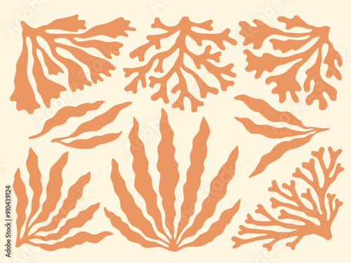 Coral reef and seaweed cutouts block print. Peach orange seaweed and corals nautical collage design element set.