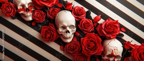 Skulls and red roses on a black and white striped background. Generative AI. photo