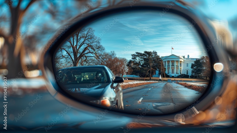 A car's rear view mirror shows a reflection of the White House. Concept of nostalgia and longing for the past, as the viewer looks back at the iconic building A car's rear view mirror shows a reflection of the White House. Concept of nostalgia and longing for the past, as the viewer looks back at the iconic building