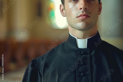 Young priest on blurred church background photo