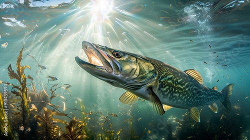 A realistic of a massive musky Esox masquinongy launching a swift attack underwater. The musky is depicted in striking detail, its powerful body and sharp teeth on full display as