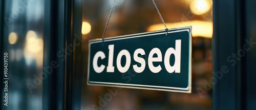 Closed sign hanging on a glass door with a blurred warm interior in the background. Generative AI. photo