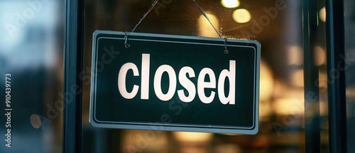 Closed sign hanging on a glass door with a blurred warm interior in the background. Generative AI. photo