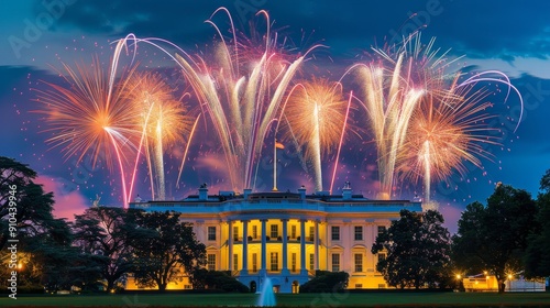 The White House is lit up with fireworks and the sky is filled with colorful sparks. The scene is lively and festive, with people gathered around the building to watch the fireworks display photo