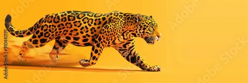 International Jaguar Day. Horizontal banner. Running jaguar on a yellow background. Copy space. Wildlife conservation concept. Environmental and animal protection. World Wildlife Day. Cheetah Day