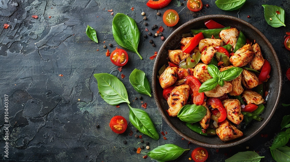 A bowl of chicken, tomatoes, and spinach on a dark surface surrounded by green foliage and more tomatoes A bowl of chicken, tomatoes, and spinach on a dark surface surrounded by green foliage and more tomatoes