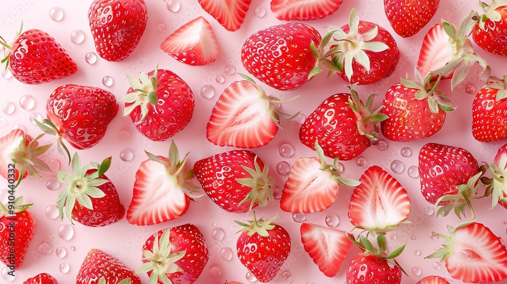 A cluster of strawberries lying together on a pink background with water droplets on the surface A cluster of strawberries lying together on a pink background with water droplets on the surface