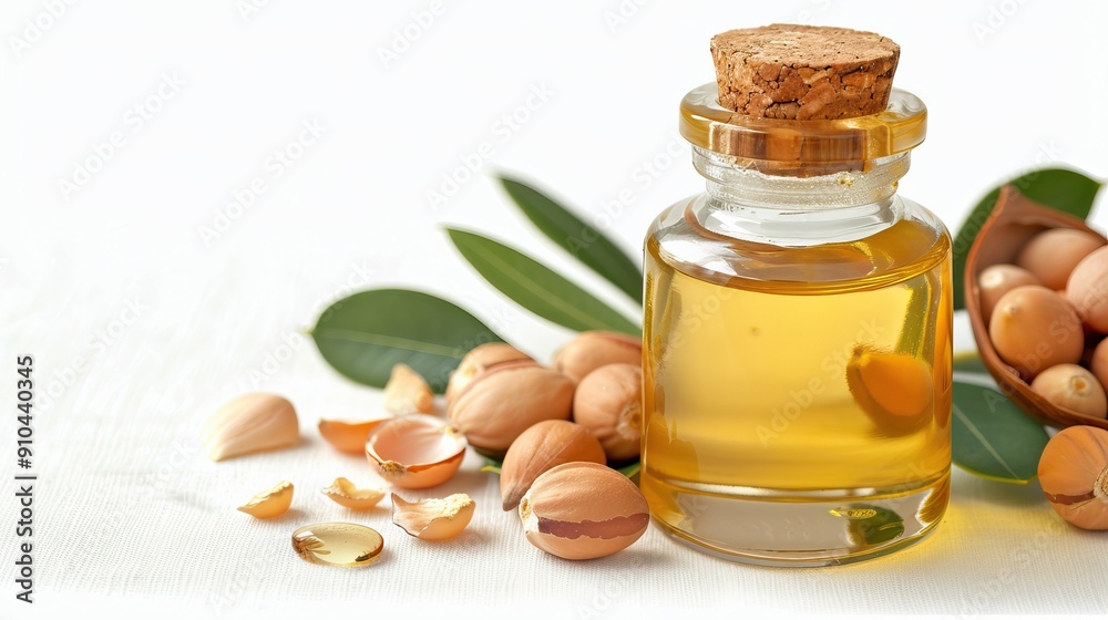Glass Bottle of Argan Oil with Nuts and Leaves on White Background for Skincare and Culinary Use Glass Bottle of Argan Oil with Nuts and Leaves on White Background for Skincare and Culinary Use