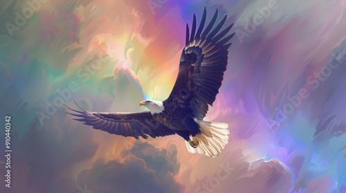 A majestic eagle is flying through a rainbow in the sky. Concept of freedom and wonder, as the eagle soars above the colorful arc. The combination of the eagle and rainbow creates a powerful photo