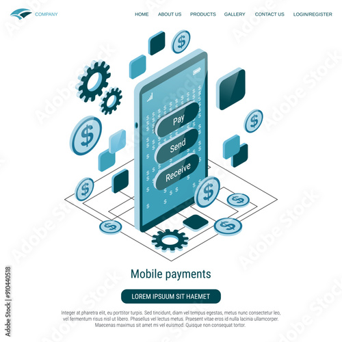 Mobile payments, online transaction flat 3d isometric vector concept illustration