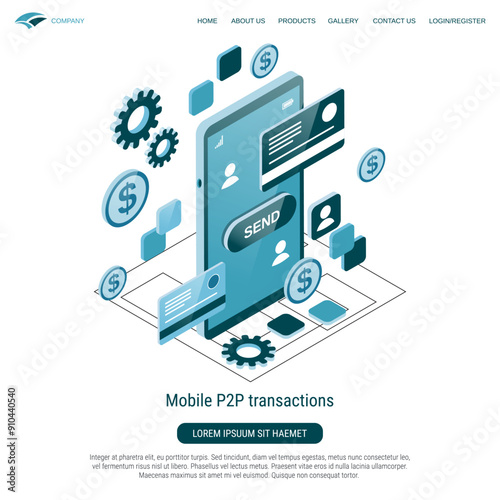 Mobile P2P transactions, money transfer, online payment flat 3d isometric vector concept illustration
