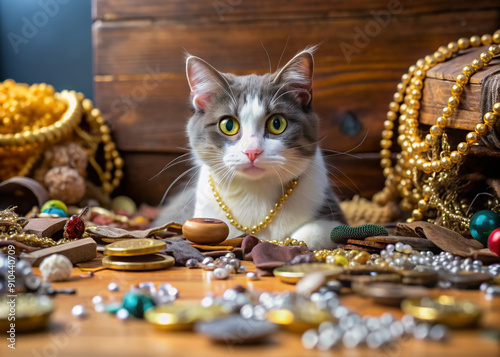 Adorable grey and white cat peering out from behind stolen loot of jewelry, coins, and shiny objects scattered on a messy burglarized room floor. photo