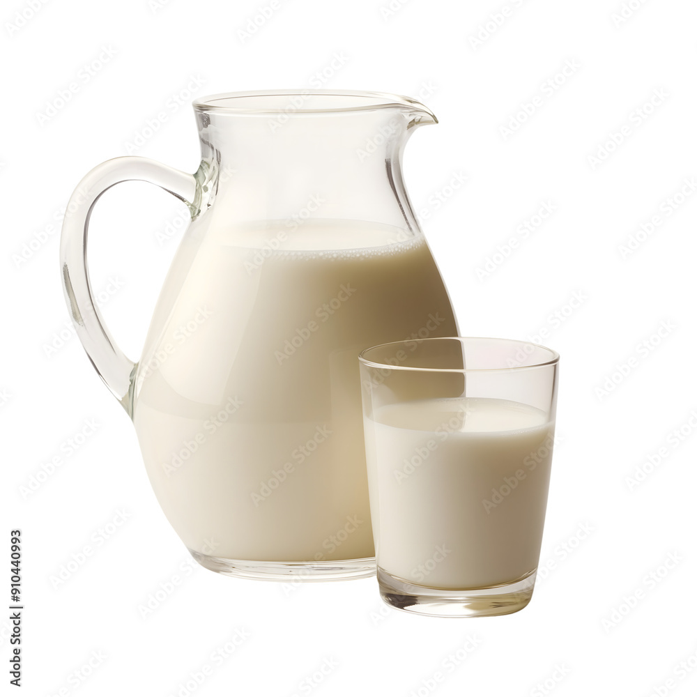 jug and a glass of milk isolated on transparent background Generative Ai. jug and a glass of milk isolated on transparent background Generative Ai.