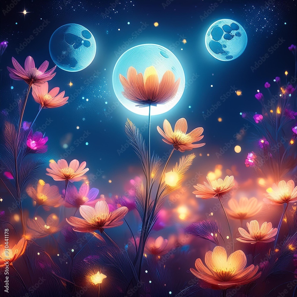 an image of flowers illuminated by moonlight, with bokeh effects mimicking the soft glow of stars in the background. Upscale and HD image, 500 dpi resolution. an image of flowers illuminated by moonlight, with bokeh effects mimicking the soft glow of stars in the background. Upscale and HD image, 500 dpi resolution.