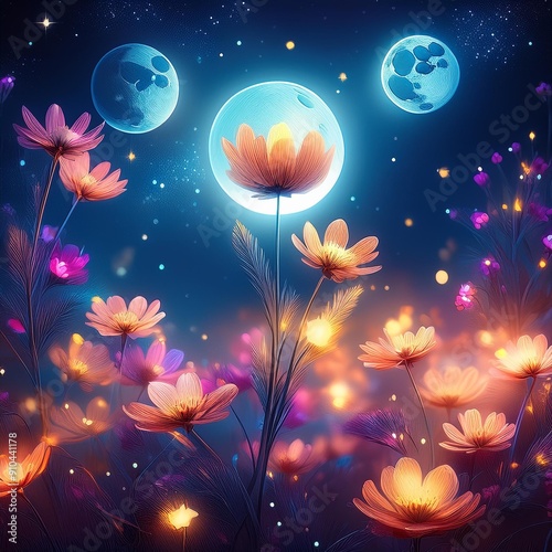 an image of flowers illuminated by moonlight, with bokeh effects mimicking the soft glow of stars in the background. Upscale and HD image, 500 dpi resolution.