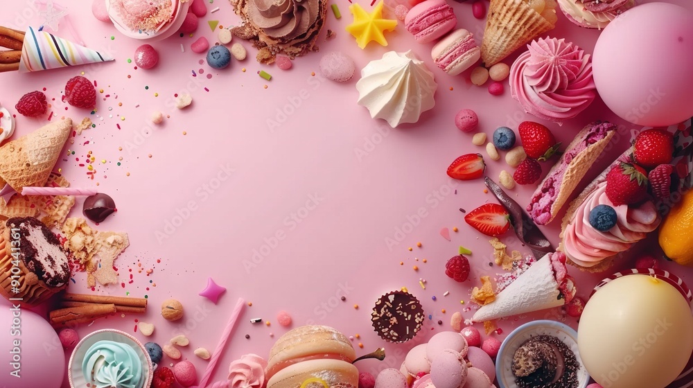 A pink background with various desserts and ice creams stacked A pink background with various desserts and ice creams stacked