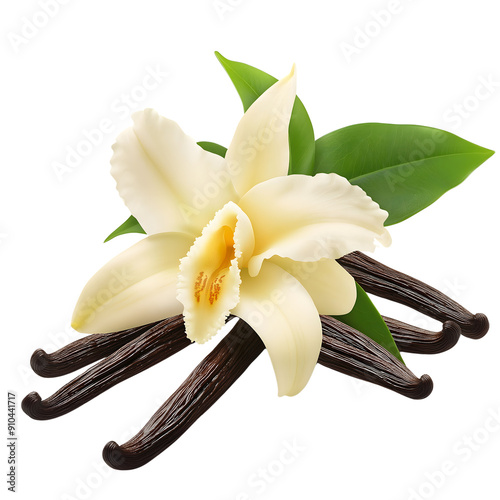 vanilla flower with pods and leaves isolated on transparent background Generative Ai.