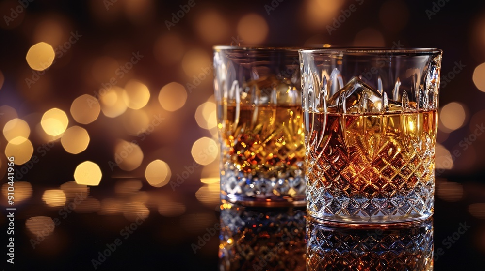 Two whiskey glasses sit together on a table under soft light Two whiskey glasses sit together on a table under soft light