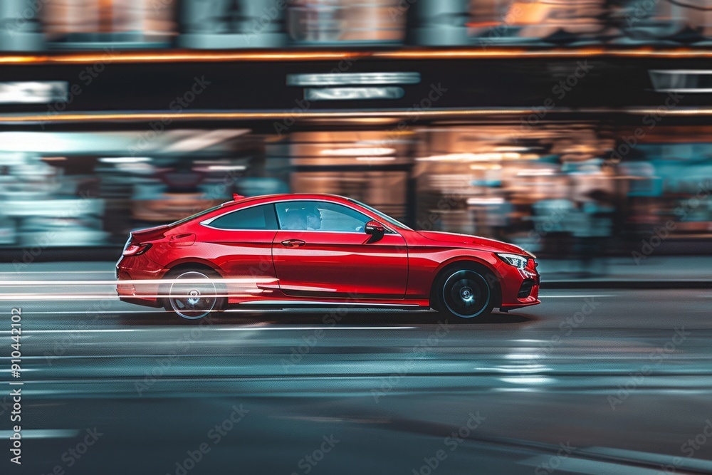 red passenger car on the road motion blur red passenger car on the road motion blur